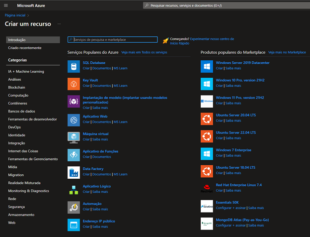 Figura 7: Portal Azure - Criar um recurso 